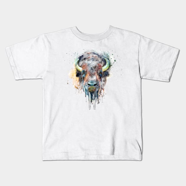 Buffalo Head Watercolor Portrait Kids T-Shirt by Marian Voicu